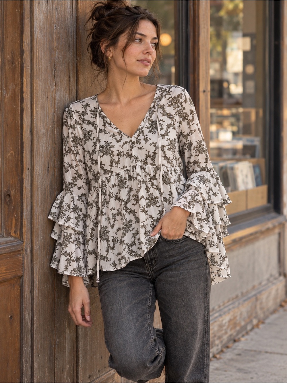 Umgee Floral Babydoll Blouse Small Olive White Tie Neck Ruffle Bell Sleeve